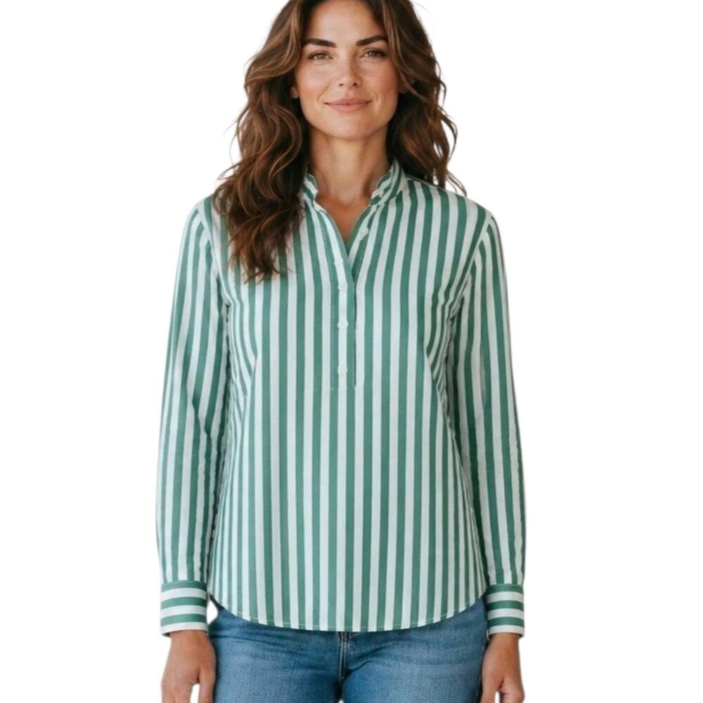 J CREW Women's 6 Blouse Vertical Striped Green White 1/2 Buttons Relaxed 40"